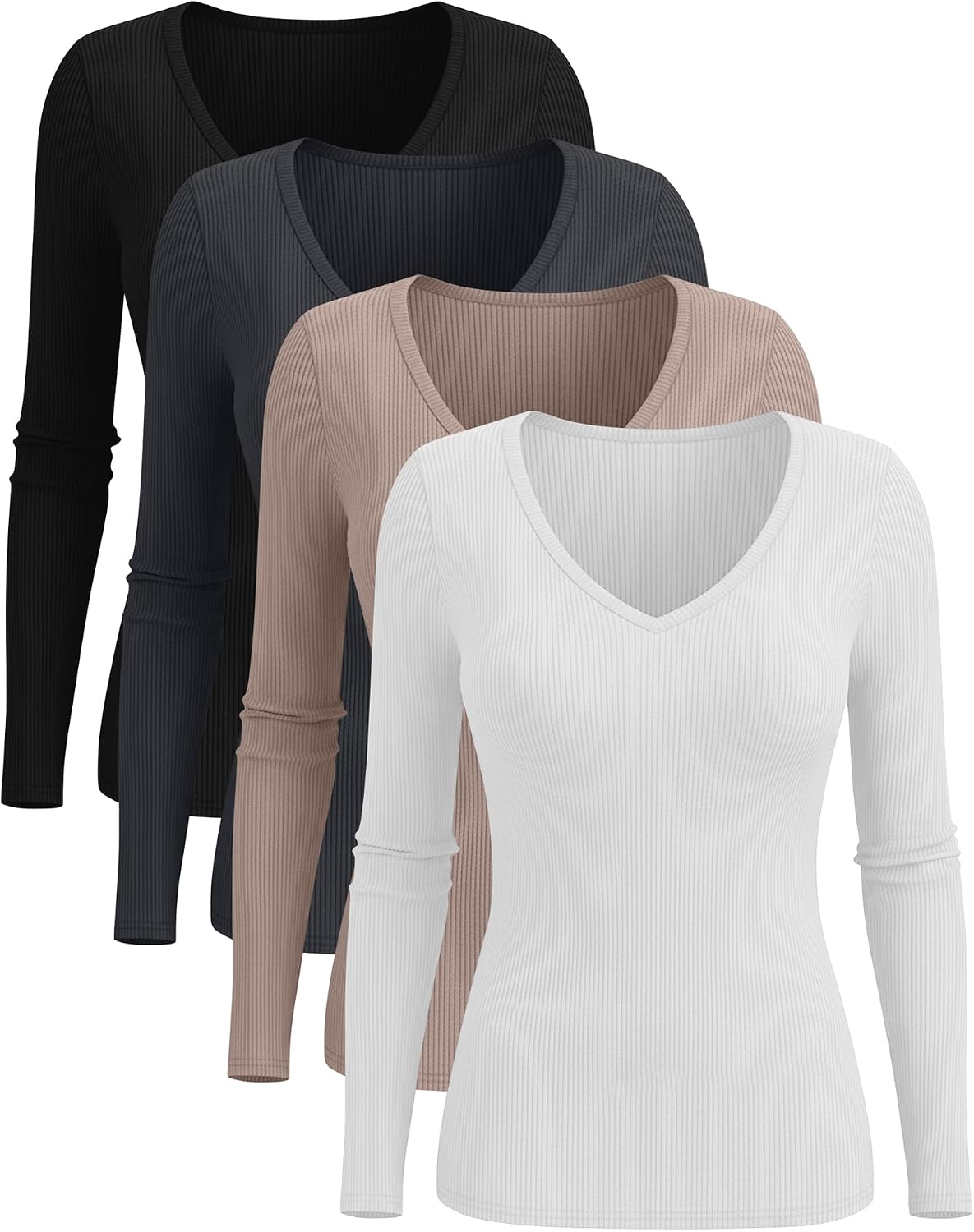Oakgarden 4 Pack Women Long Sleeve Shirts, 95% Cotton V Neck Ribbed Knit Tops Fitted Lightweight Basic Going Out Shirts