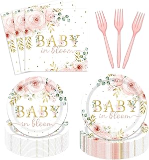 96 PCS Baby in Bloom Party Tableware Spring Floral Baby Shower Disposable Paper Plates Napkins Forks for Girl Pink Sage Green Party Decorations 24 Guests