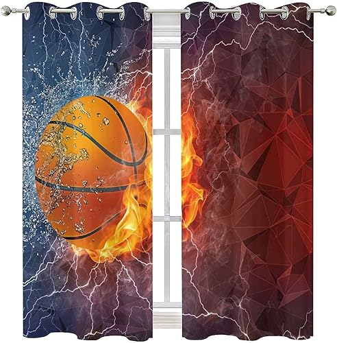 Jktown Cortinas opacas de baloncesto para dormitorio de niños, con aislamiento térmico, cortinas de oscurecimiento de la habitación, fuego y bola de