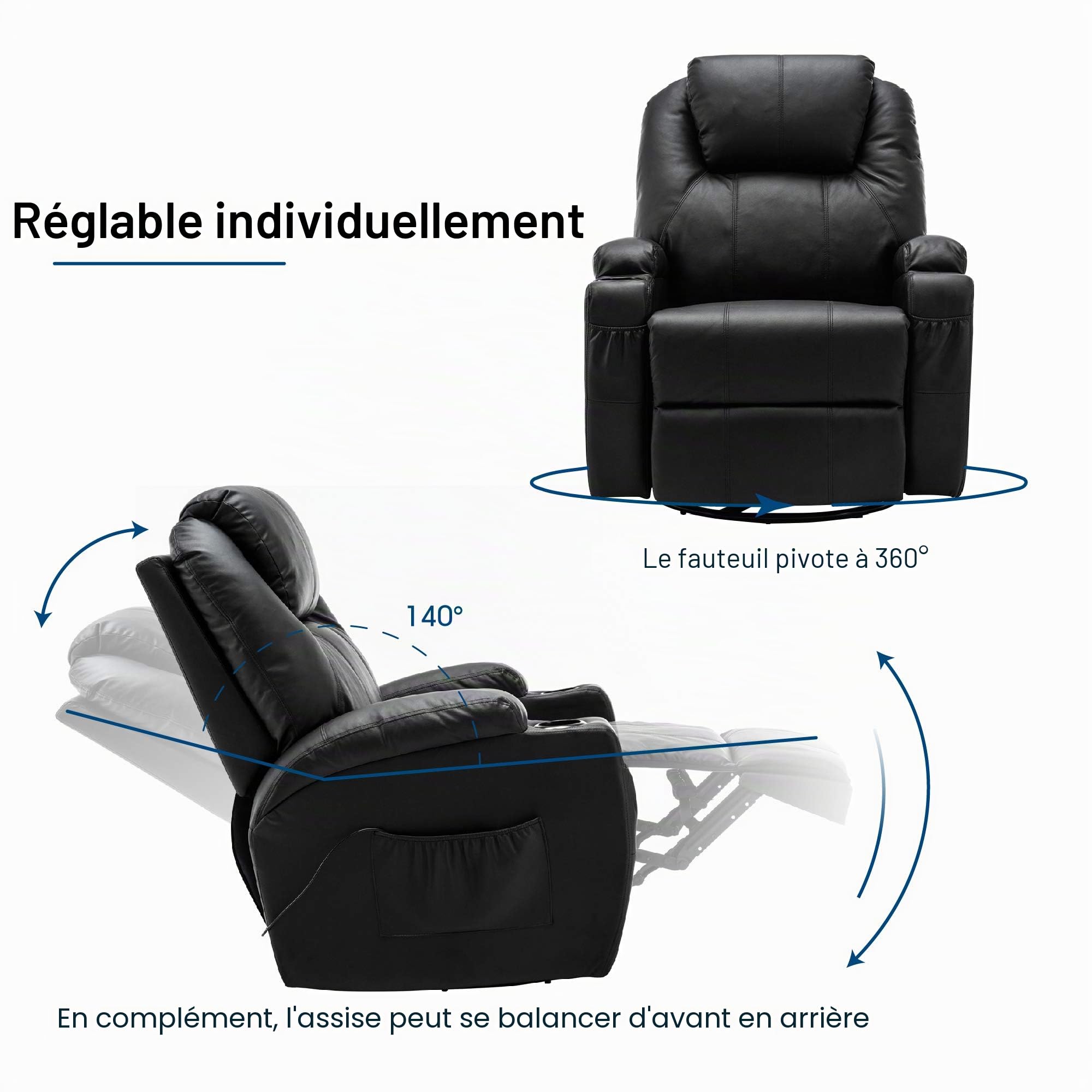 MCombo Fauteuil de Massage inclinable avec Chauffage pivotant à 360°,Noir 7020BK