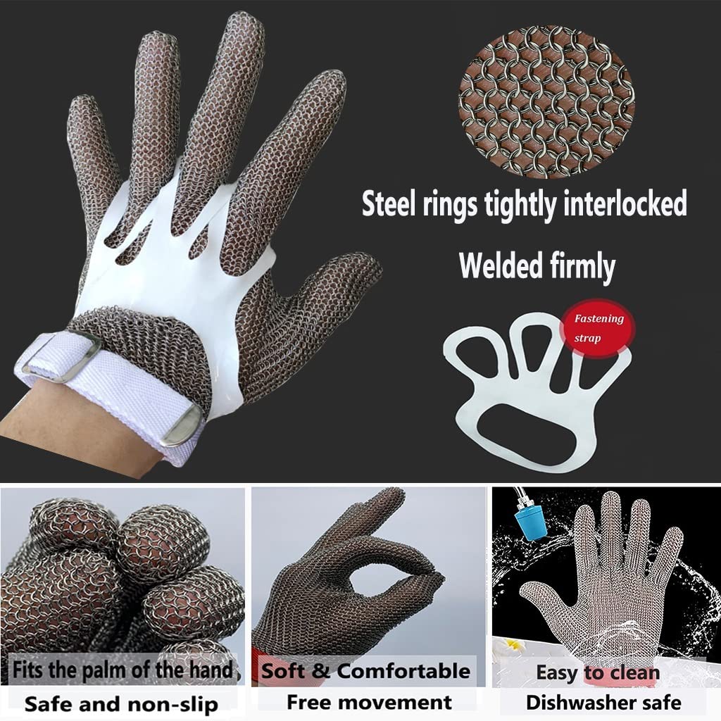 Guantes Anti Corte Guantes Resistentes A Los Cortes De Carnicero, Guantes De COTA De Malla De Acero Inoxidable, Guantes De Trabajo De Seguridad con Correa De Muñeca Ajustable (Size : 1PCS/X