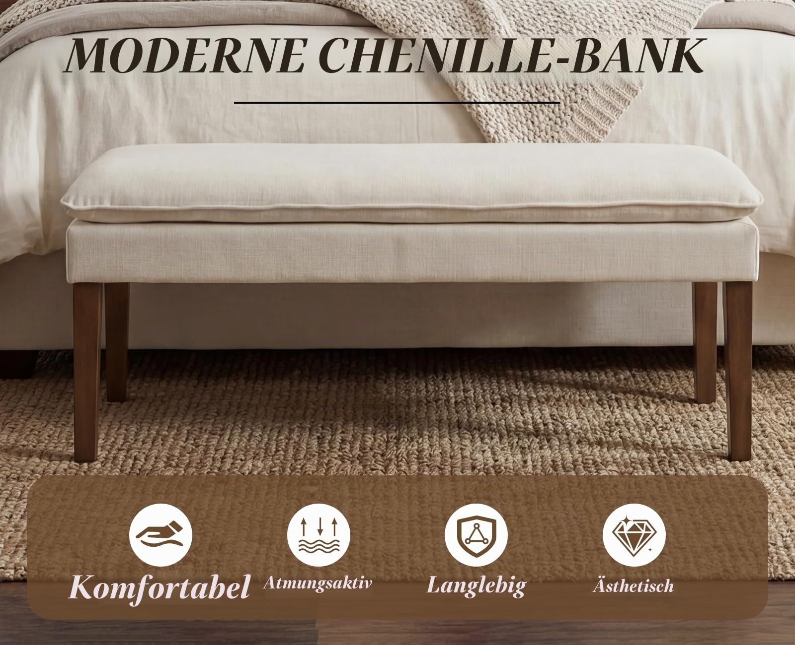 Sitzbank Chenille, Bettbank mit Holzbeinen, Weiß | Polsterbank mit Zweilagiges Polster, Schlafzimmerbank Flurbank Flur Möbel für Schlafzimmer & Flur