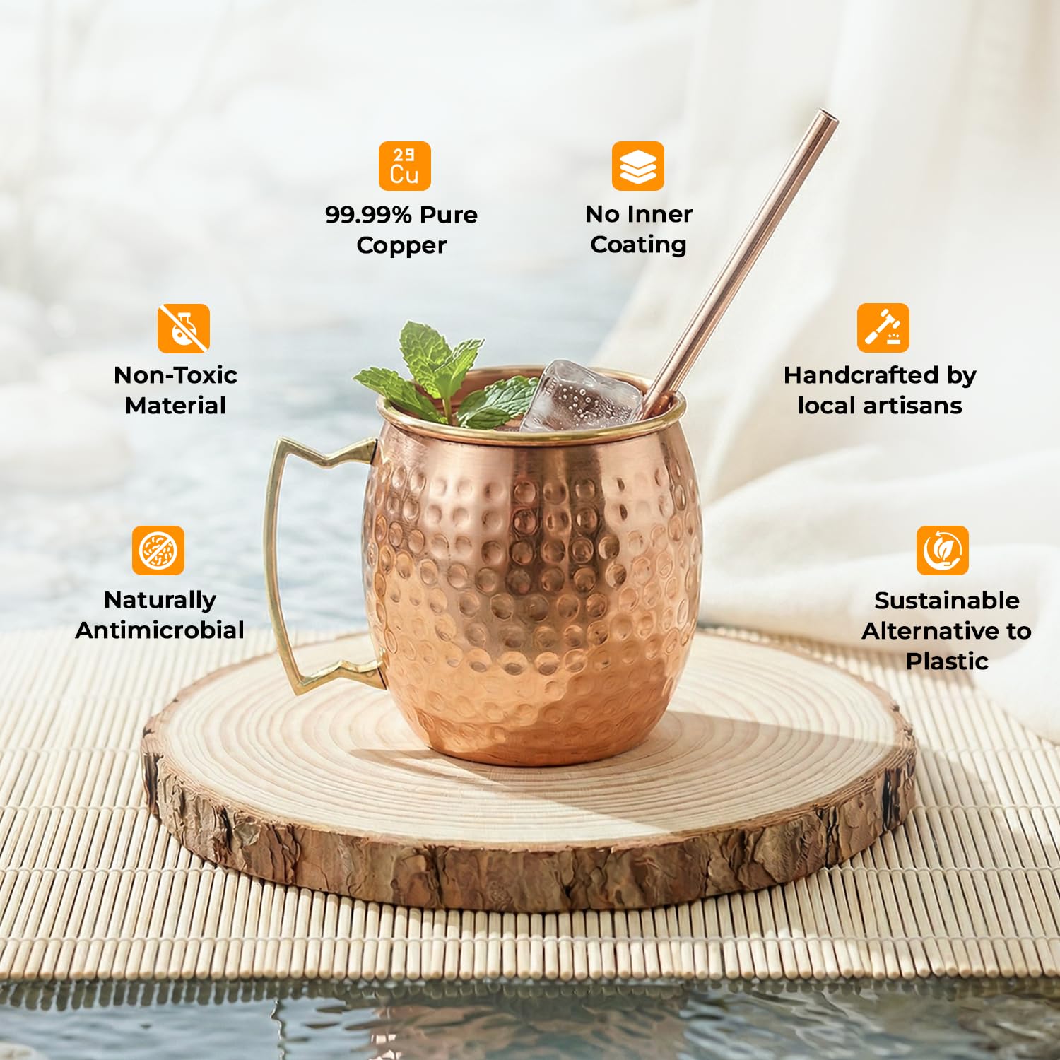 Kupferbecher für Moscow Mule | Reines Kupfer-Trinkgefäß für Cocktails, Bier und Kaltgetränke | Gehämmert mit Henkel | Klassischer Barbecher für Zuhause und Partys