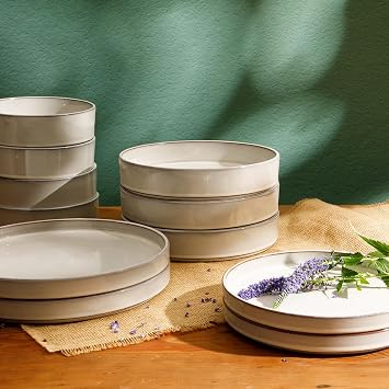 Bloomhouse - Two Time Oprah's Favorite Things Winner - Santorini Mist Double Bowl Terracotta Reactive Glaze Plates and Bowls Dinnerware Set - Moonstone White, Service for Four (16pcs)