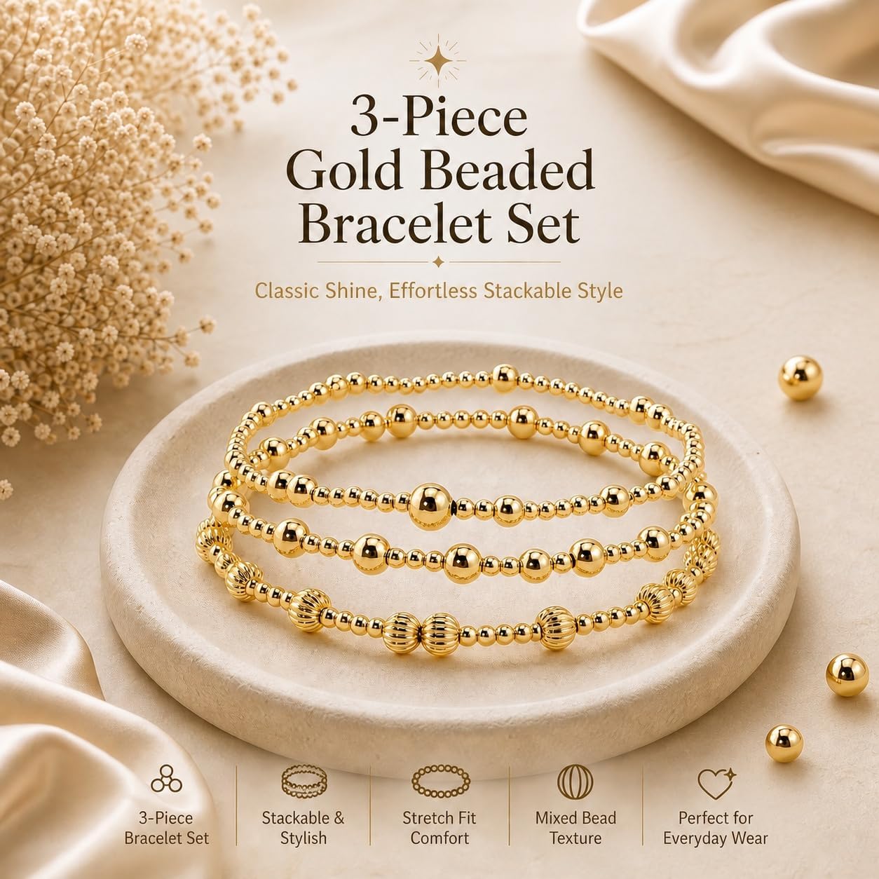 14K Gold Stack Bead Bracelet Set for Women,3Pcs Stretch Non-Tarnish Dainty Accessories Jewelry,Friendship Gift image 4