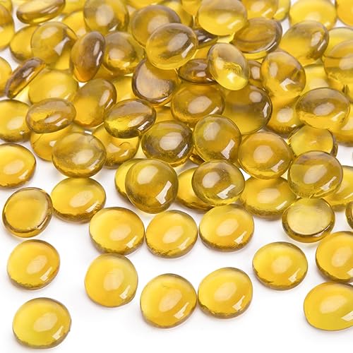FUTUREPLUSX Canicas de vidrio plano de 5 libras, 500 cuentas de relleno de jarrón amarillo ámbar, gemas planas, piedras de vidrio decorativas para