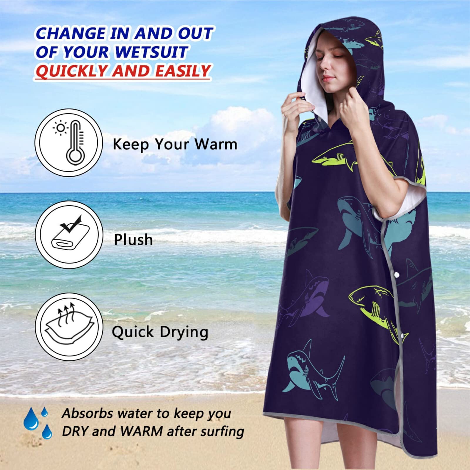 Vestaglia per il cambio di poncho da surf per adulti, senza cuciture, con cappuccio e tasca, ad asciugatura rapida, asciugamano in microfibra, per bagno, spiaggia, all'aperto