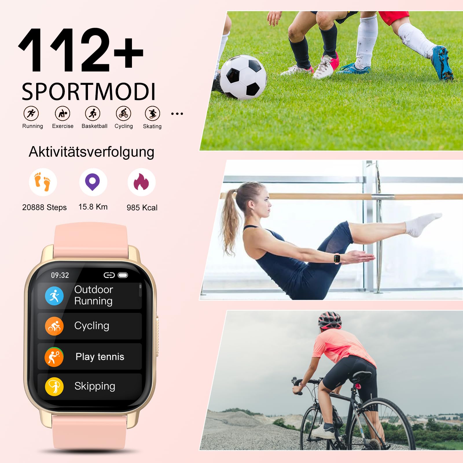 Smartwatch Damen Herren mit Telefonfunktion, 1.85'' HD Smart Watch, 112+ Sportmodi Sportuhr mit Pulsuhr/Schlafmonitor, IP68 Wasserdicht Fitnessuhr mit Information Erinnerung für iOS Android, Roségold