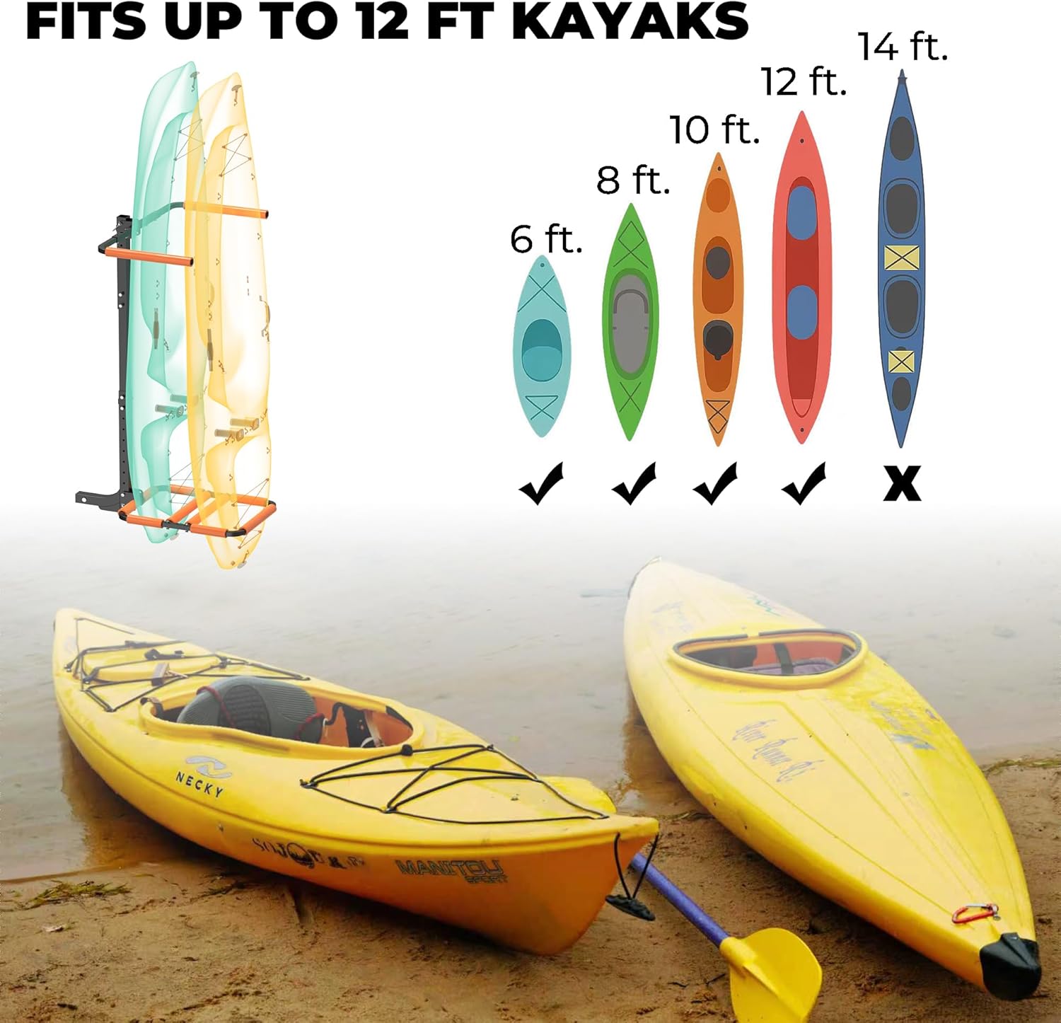 300LBS RV Kayak Rack for 2 Kayaks up to 12FT – Heavy Duty Vertical Hitch Mount Carrier with Reinforced Anti-Bend Base, Adjustable Height, Anti-Loosening Screws – Fits 2” Receiver for RV, Truck, SUV