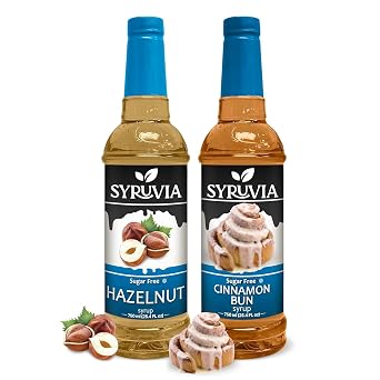 Syruvia Sugar Free Hazelnut Syrup & Sugar-Free Cinnamon Bun Syrup - 25.4 fl oz. Premium Coffee Flavoring Syrup. 0 Calories, Kosher & Gluten Free. Perfect for Drinks, Soda, Shakes, Desserts & More.