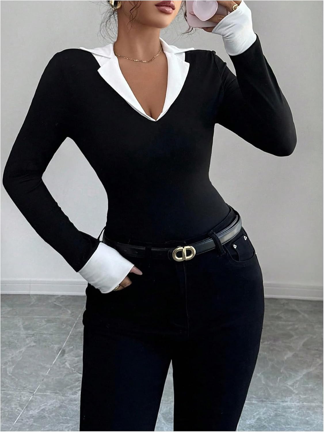 SweatyRocks Women's 2 in 1 Collared V Neck T Shirts Business Casual Long Sleeve Fitted Fall Tees - Image 2