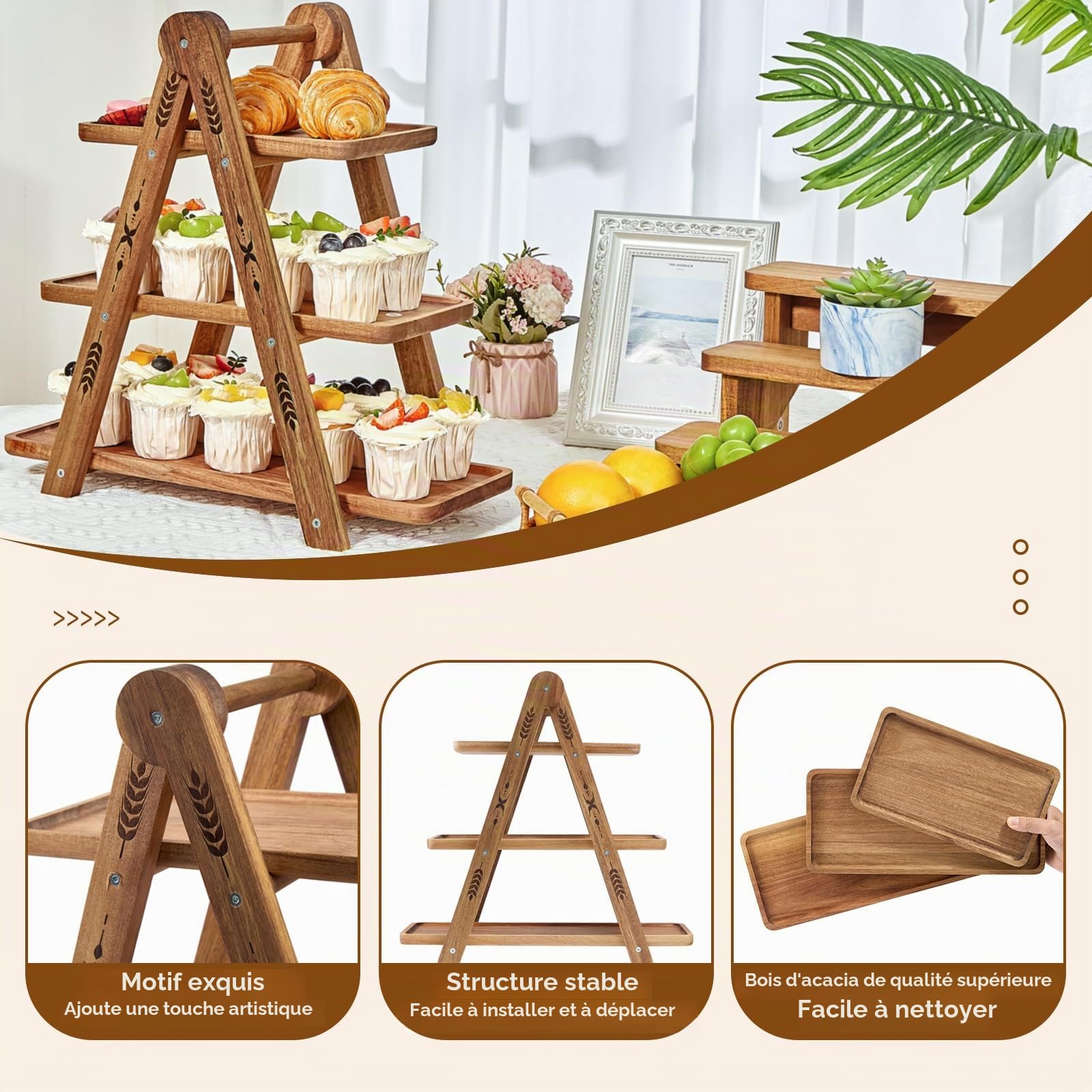 DUJUST Présentoir à gâteau en bois pour 24 Cupcakes, support à gâteau à 3 étages avec surface de qualité alimentaire, présentoir à gâteau pour la nourriture et les jouets - pliable