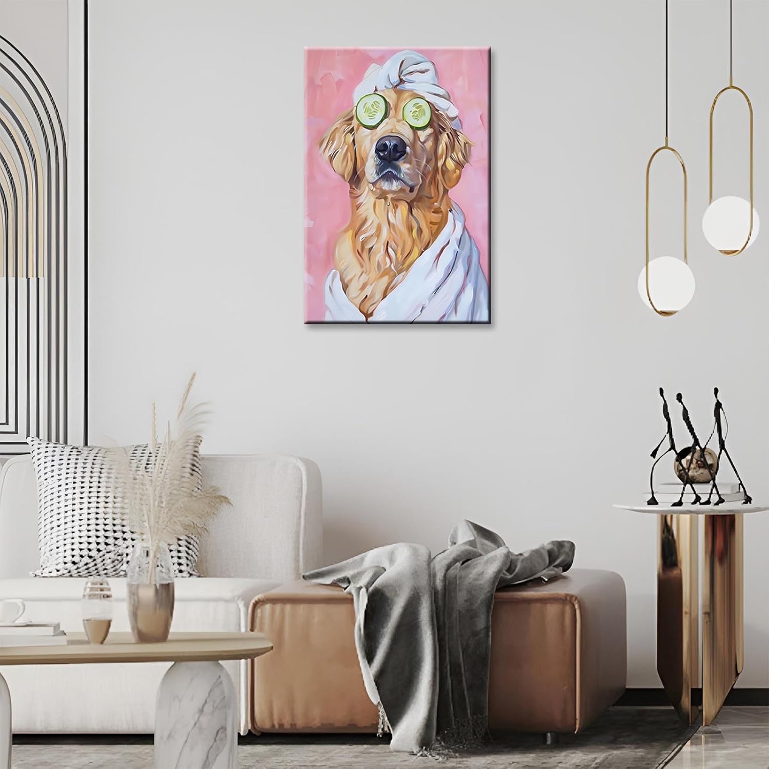 Funny Bathroom Canvas Wall Art Relaxing Golden Retriever Spa Posters Whimsical Dog Grooming Impressionistic Painting Cute Animal Aesthetic Wall Decor For Home Restroom 16x24in Framed