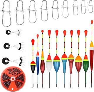 CATELL Boyas De Pesca, 10 Pcs Flotadores de Pesca Set, 6 Goma Tapón Flotador De Pescas 18 Eslabón Giratorio de Pesca 100 Pcs Plomada de Pesca para Pescas en Lago Río y Mar (10 Tamaño)