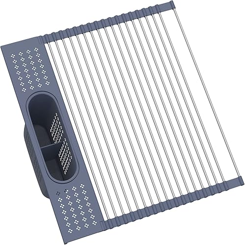 Miniatura 8 de LEMIKKLE Escurridor de platos enrollable de 20 x 15.2 pulgadas sobre el fregadero, escurridor de platos multiusos de acero inoxidable SUS304,