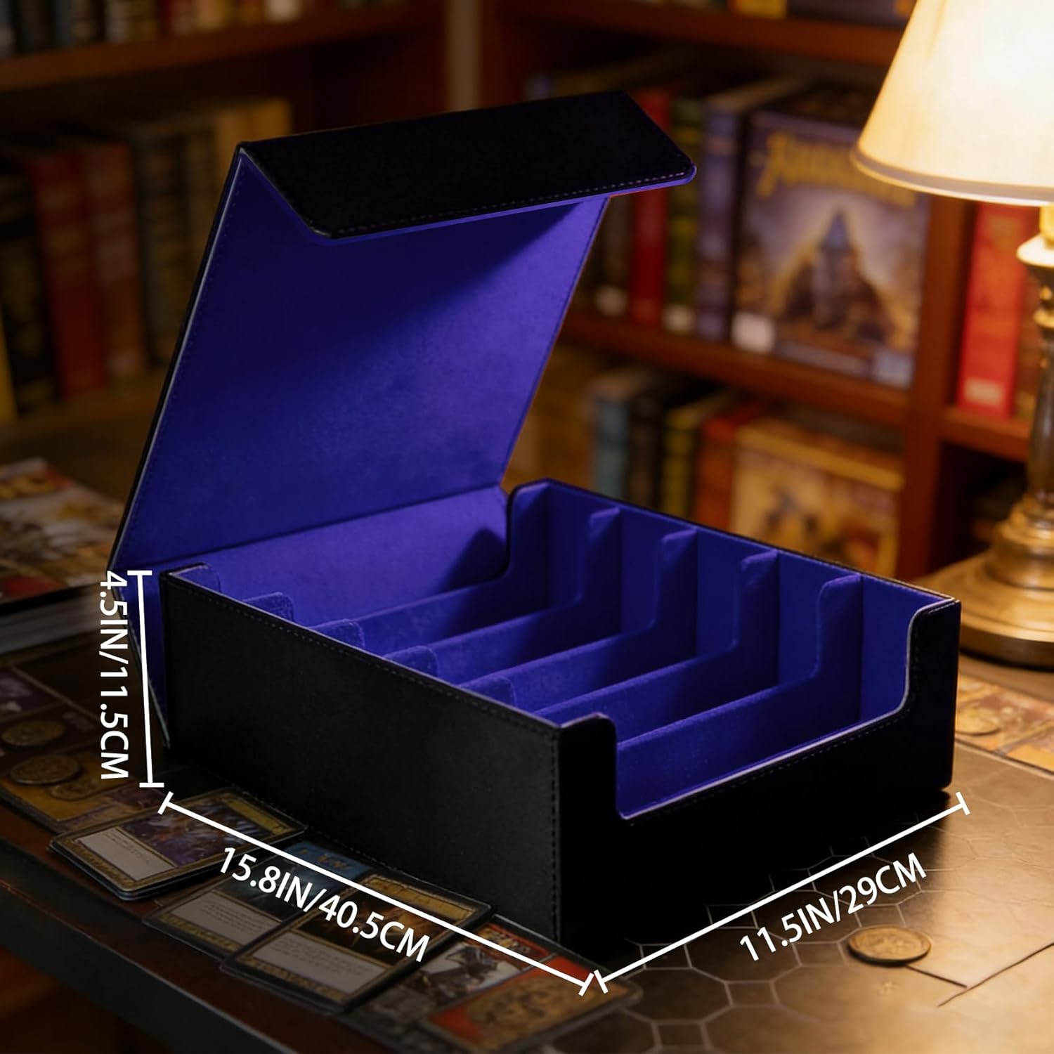 Magnetic Leather Trading Card Storage Box - 5-Row Deck Case Design, 3900+ Capacity for YuGiOh, MTG, TCG and Sports Cards, Includes 24 Colorful Dividers & 5 Card Supports（ Black/Blue）