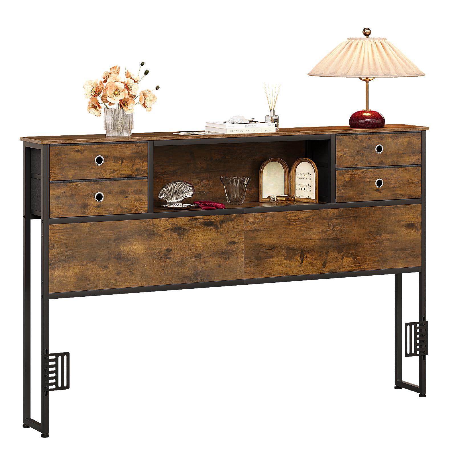 VEDECASA King Size Bed Headboard with Storage, Freestanding Headboard with 4 Fabric Drawers & Shelves, Adjustable Bed Frame Connectors, Bedroom Bookcase Headboard