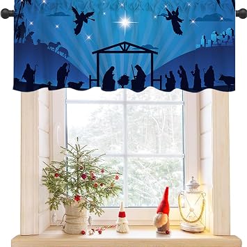 Nativity Scene Blue Valance Curtain Christmas Silhouette Angel Star Manger Topper Window Treatment Drape Kitchen Bedroom Living Room Home Decor 1 Panel Polyester 54x18 Inch