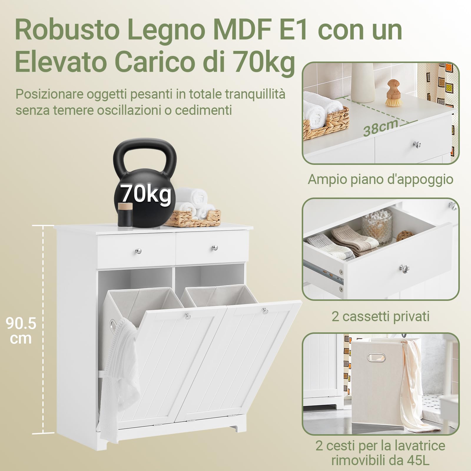SoBuy Mobile Lavanderia in Legno Mobile Bagno con Portabiancheria a 2 Cassetti e 2 Ceste Bucato Rimovibili 90L Cassettiera Robusta Armadietto Salvaspazio per Famiglia Bianco 78x38x90 cm BZR33-II-W