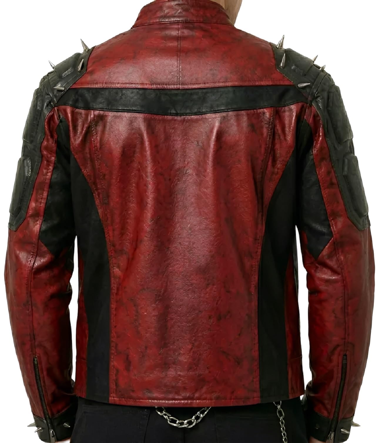 Giacca da moto da uomo rossa e nera, con spalle a punta, stile gotico, punk rock, con borchie