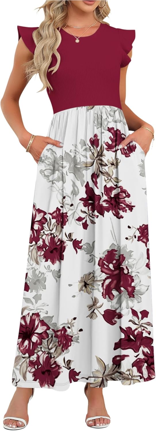 MISFAY Women's Ruffle Sleeve Maxi Dresses Casual Crewneck Long Dress with Pockets(Red Flower White,XL) - Image 2