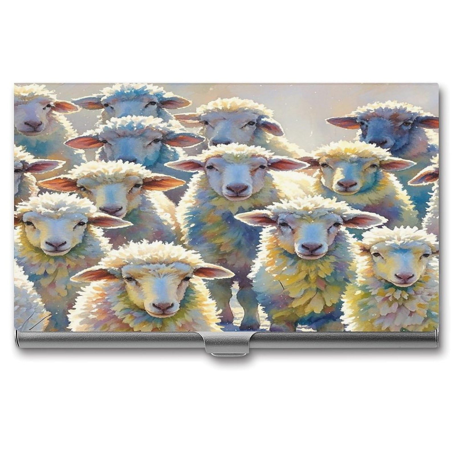 FekiLoot Watercolor Sheeps Business Card Holder for Men & Women Professional Stainless Steel Business Card Case Large Capacity Slim Purse Name Cards Holders Buckle Style Shut