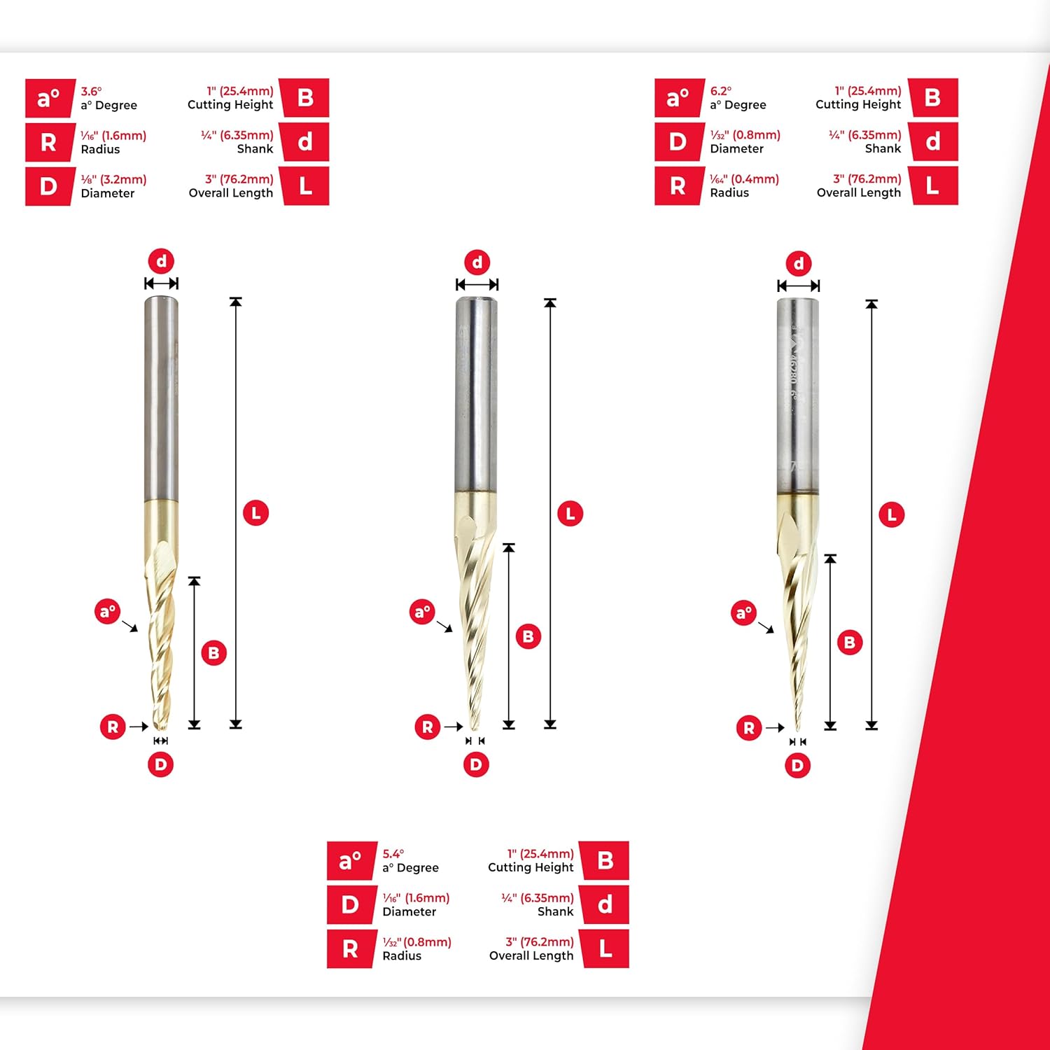 Amana Tool Up Cut Spiral CNC Router Bits Set for 2D/3D Carving Ball Nose, ZrN Coated, AMS-144, 3-Pc, 1/4 Inch Shank, 1/32, 1/16 and 1/8 Diameters