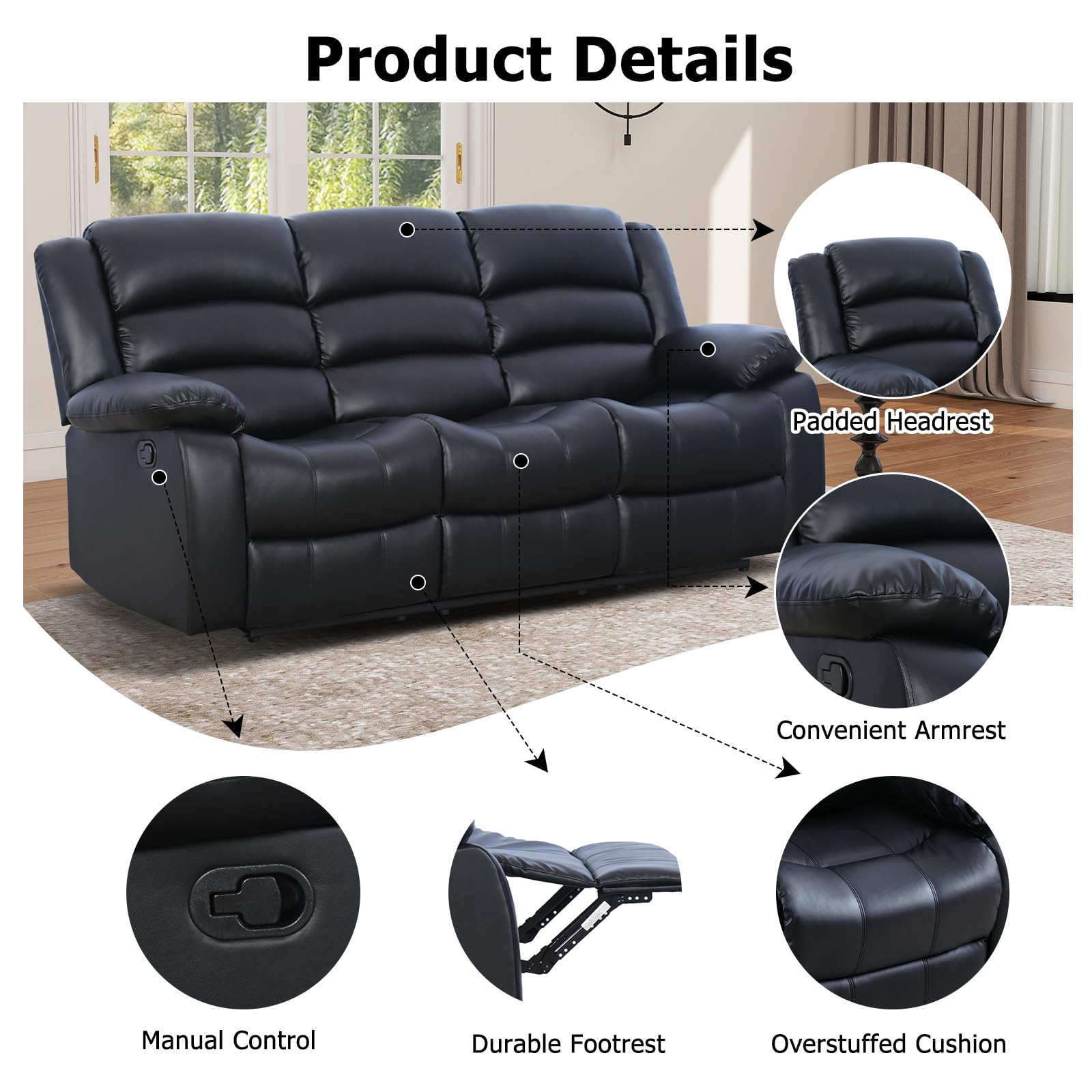 EBELLO Manual Recliner Sofa Set, Faux Leather Reclining Couch Furniture Set for Living Room, Includes 2 Recliner Chair and 1 3-Seater Reclining Couch for Home Theater and Office, Black view 3