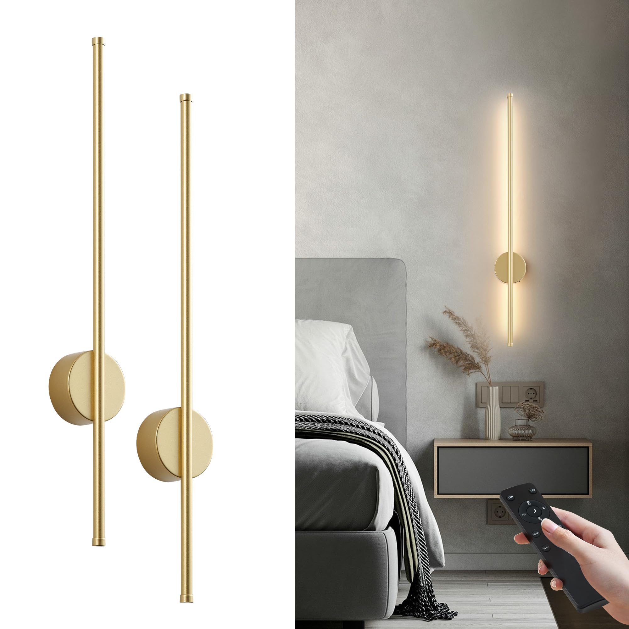 KARTOOSH Battery Operated Modern Wall Sconce Set of Two, 27.6 Inch Gold