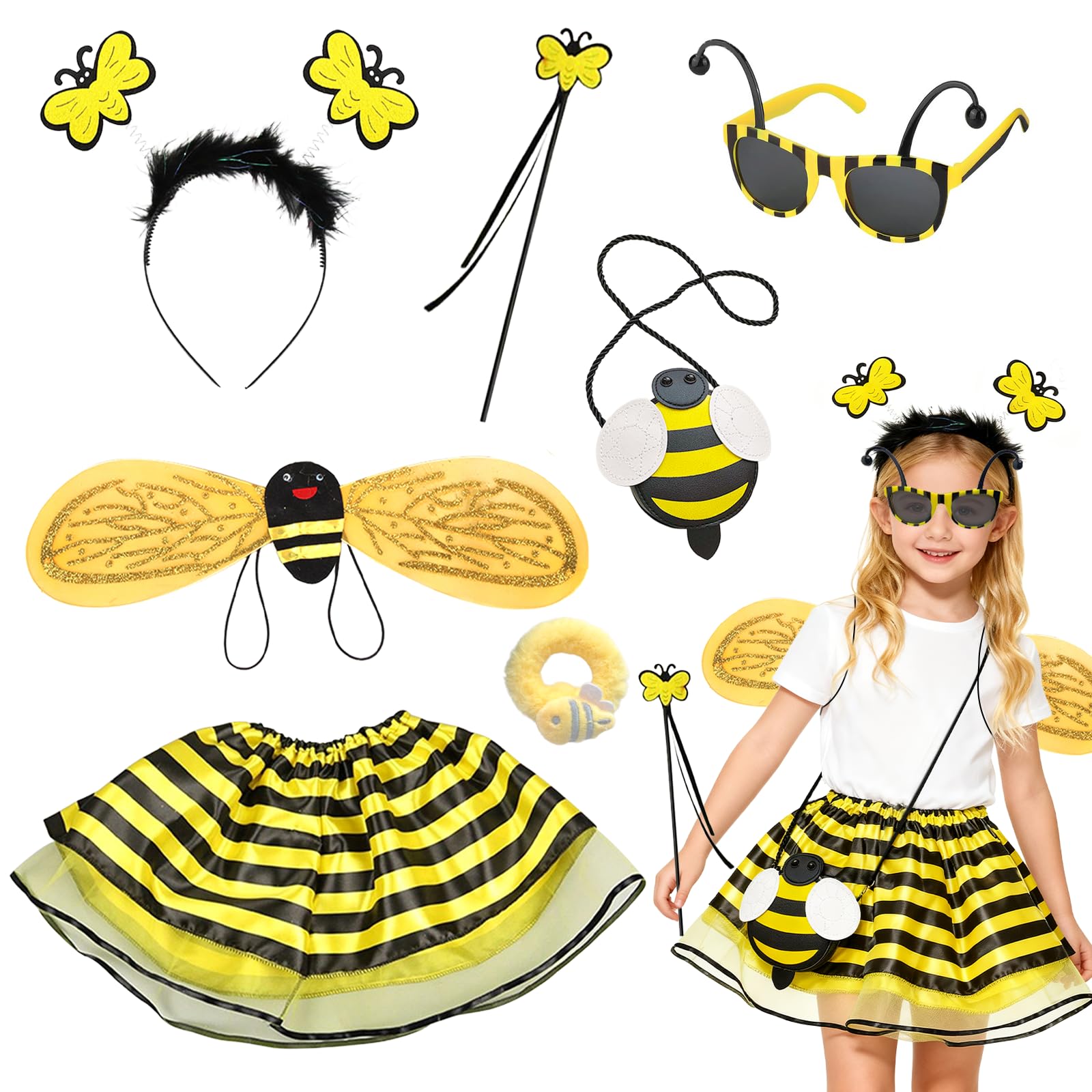 Xerteam 7 Stück Bienenkostüm Accessoires mit Bienen Haarreif Flügel Rock Ohrringe Kostüm Gelbem Tutu Zauberstab Tasche Ideal für Rollenspiele Welttag des Buches Halloween Karneval