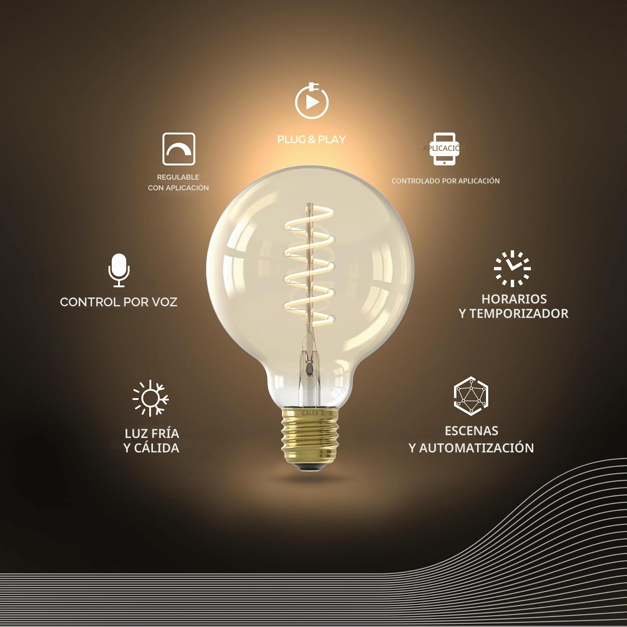 CALEX bombillas LED inteligentes, E27 G95 con filamento dorado, luz blanca, regulables, control por aplicación y voz, pack de 3 | Un brillo cálido y decorativo con filamento dorado visible, con control por voz mediante Alexa o Google Home
