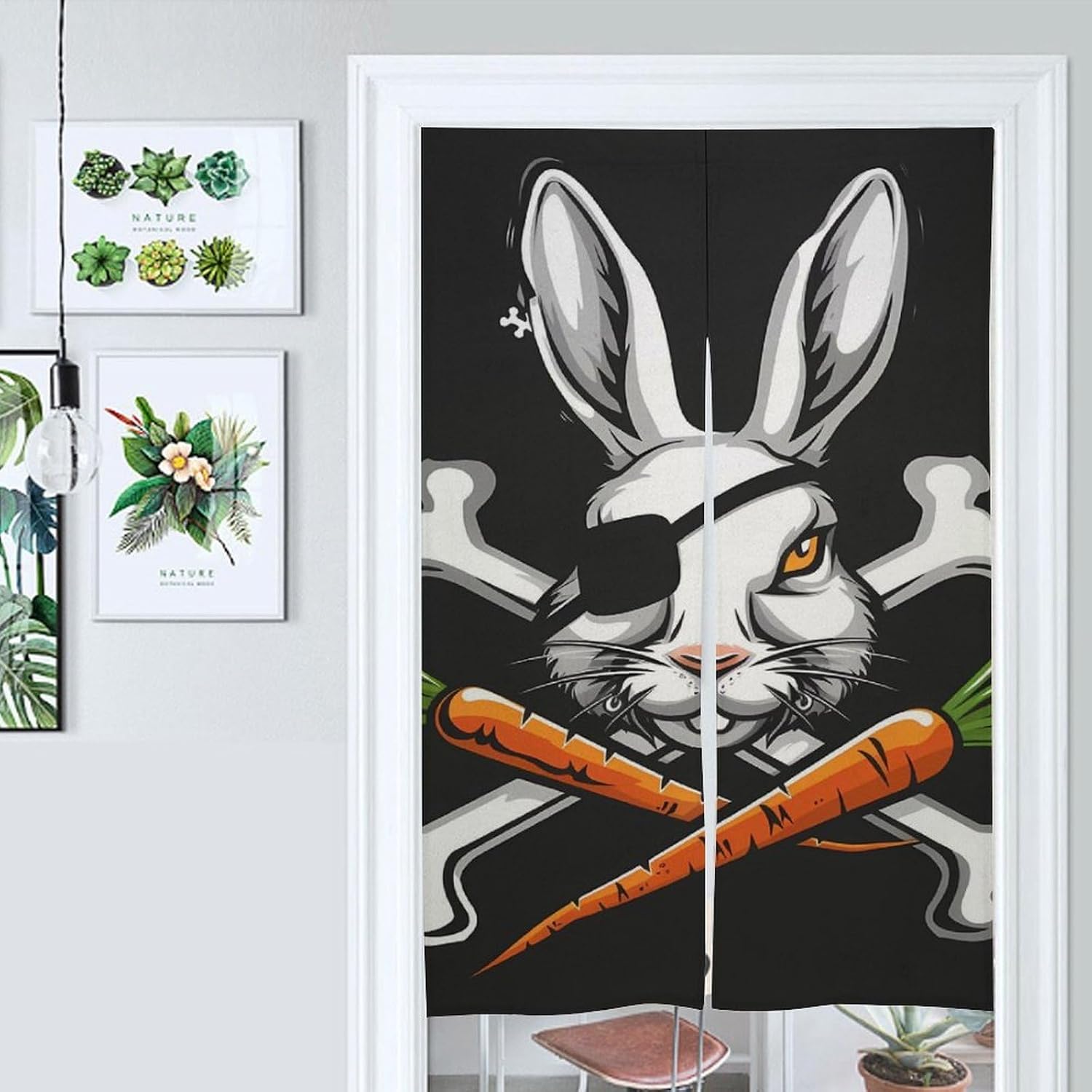 Pirate Bunny Rabbit Bone Carrot Easter Noren Doorway Split Shower Curtain Long Type Window Treatment for Privacy Partition Divider