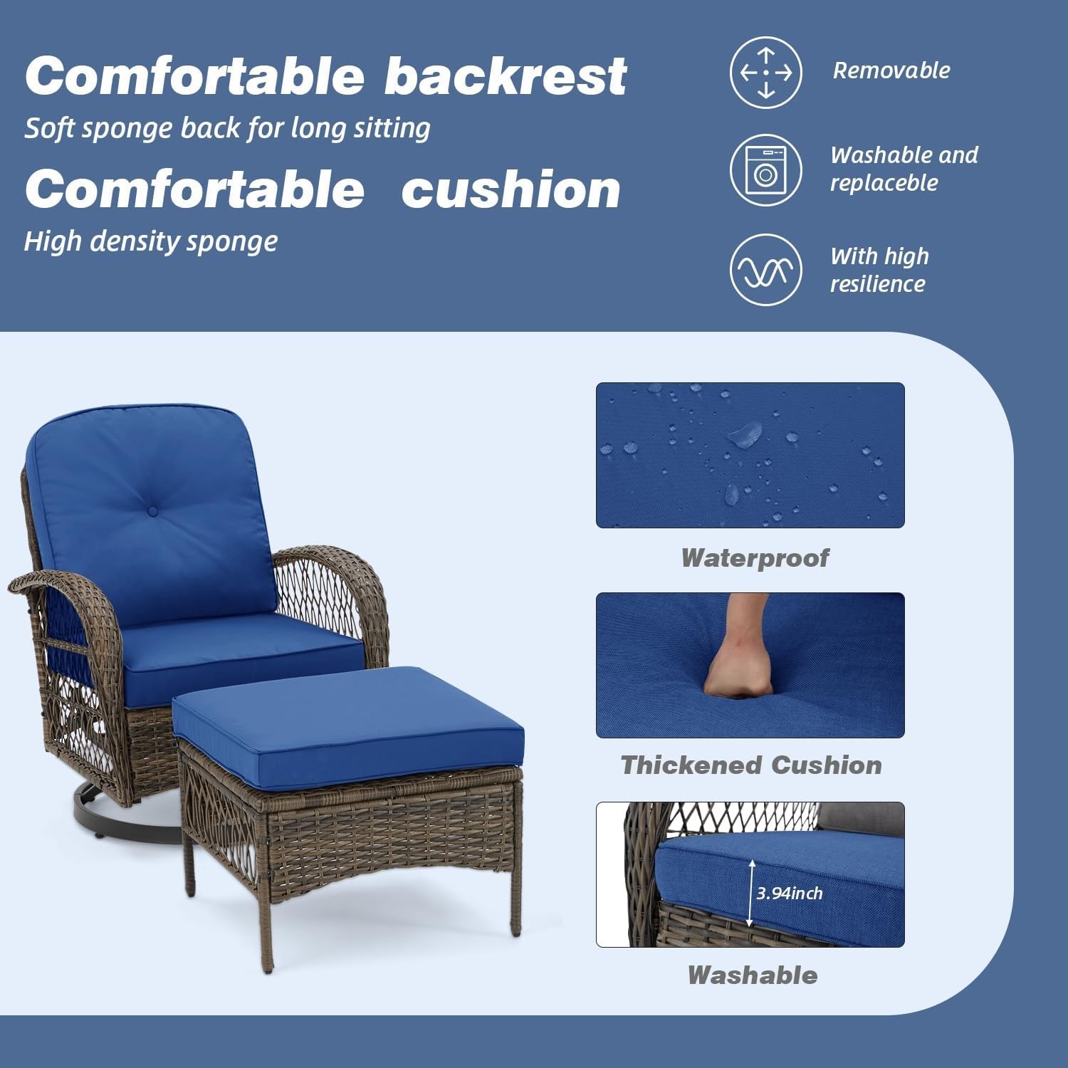 5 Pieces Patio Furniture Set Outdoor Swivel Rocker Patio Chairs with Ottomans Wicker Conversation Sets with Rocking Chair Thickened Cushions for Backyard Porch Balcony(Blue)