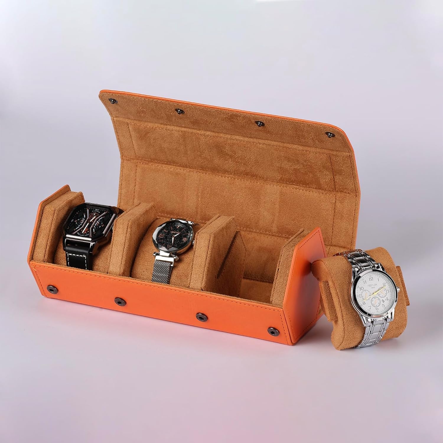 3 Watch Travel Case, Leather Trave Watchl Case for Men and Travel Box, Hexagonal Watch Roll, Accommodating Watches 50mm, Gift Idea (orange)