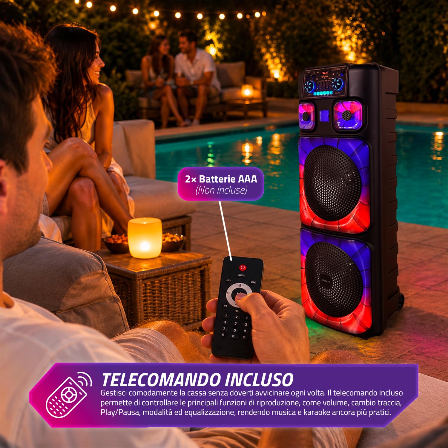 Avilia – Boîtier Bluetooth 800 W avec microphones sans fil, lumières LED RVB et télécommande | Haut-parleur portable puissant pour karaoké et fête, batterie rechargeable jusqu'à 8 heures d'autonomie