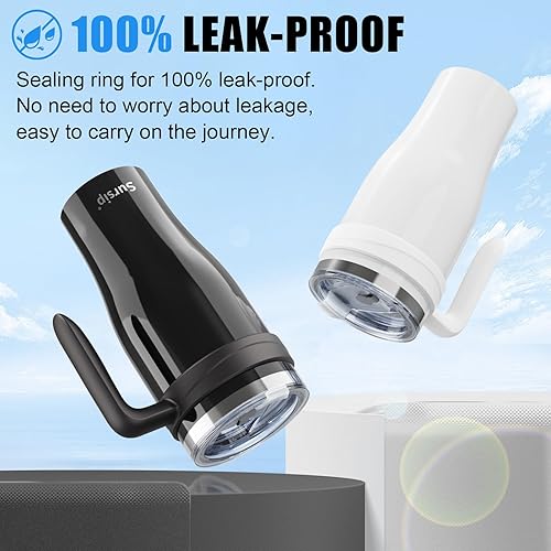 Miniatura 3 de Sursip Vaso de 50 onzas con asa, vaso de acero inoxidable al vacío de doble pared con popote y 2 tapas, mantiene las bebidas frías hasta 24 horas, a
