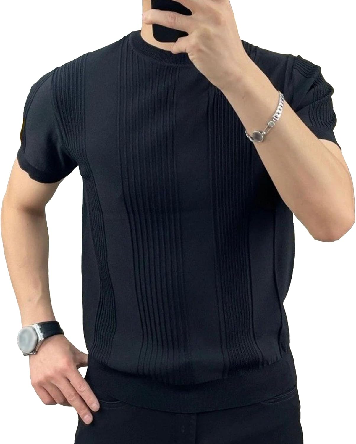 Men Knit Striped Buttons Shirt Relaxed Lightweight Stretch T Shirts Casual Slim Fit Knit Tees