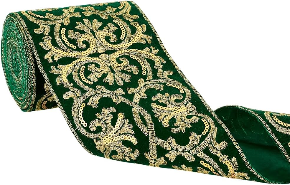 PH PandaHall 4 inch Wide Jacquard Ribbon, 5 Yards Boho Emobridered Ribbon Ethnic Style Green Fabric Trim Fringe for Sewing Handmade Bag Strap Cape Making DIY Clothing Easter Decoration