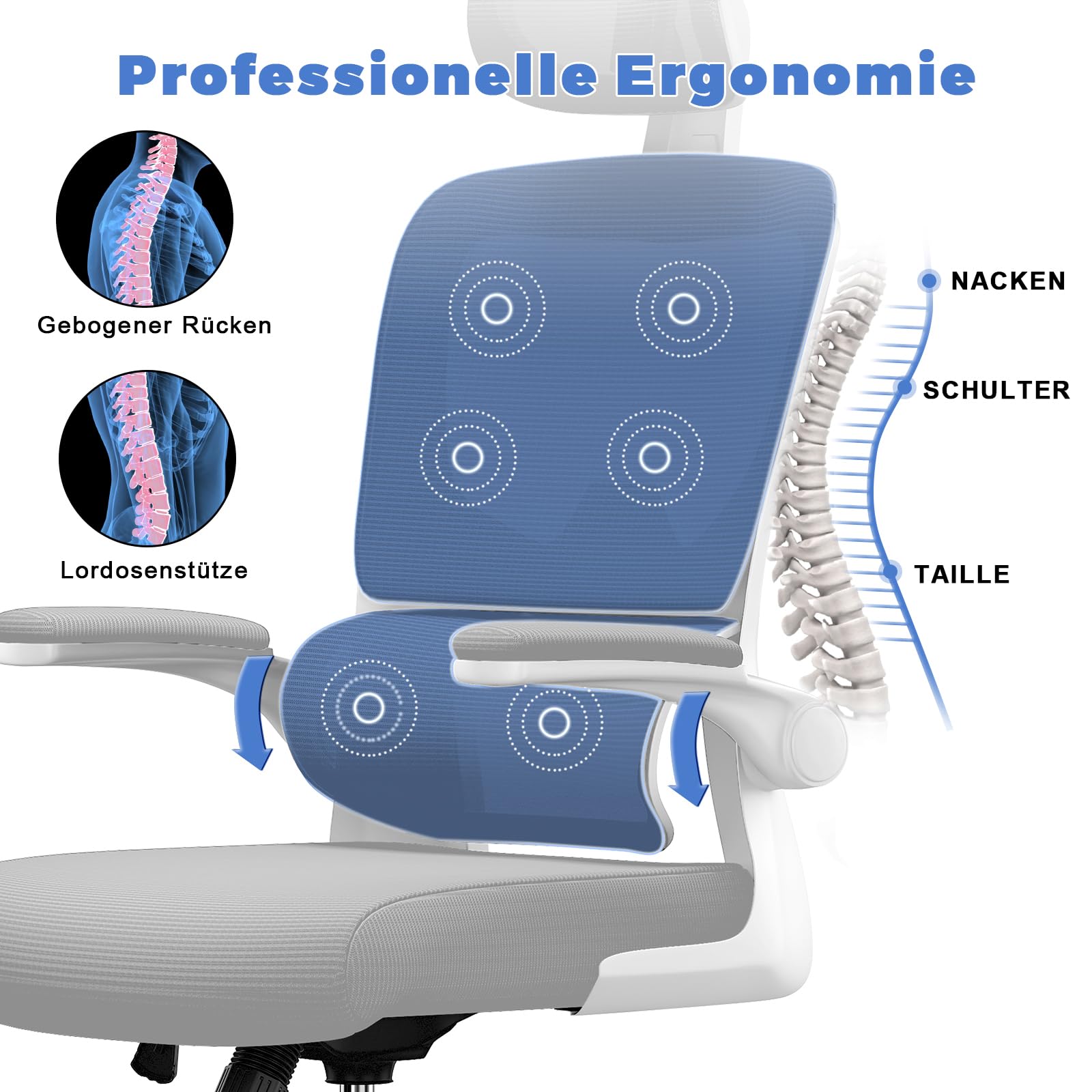 naspaluro Bürostuhl, Ergonomischer Schreibtischstuhl mit Verstellbarer Kopfstütze, Armlehnen, Dynamischer Lordosenstütze, Drehstuhl mit Atmungsaktivem Netzbezug für das Home Office, Hellgrau