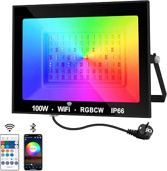NATPOW Projecteur LED RGB Extérieur 100W - Spot Couleur Intelligent Bluetooth + Télécommande, 16 Millions Couleurs, IP66 Étanche Pour Jardin, Terrasse, Fêtes