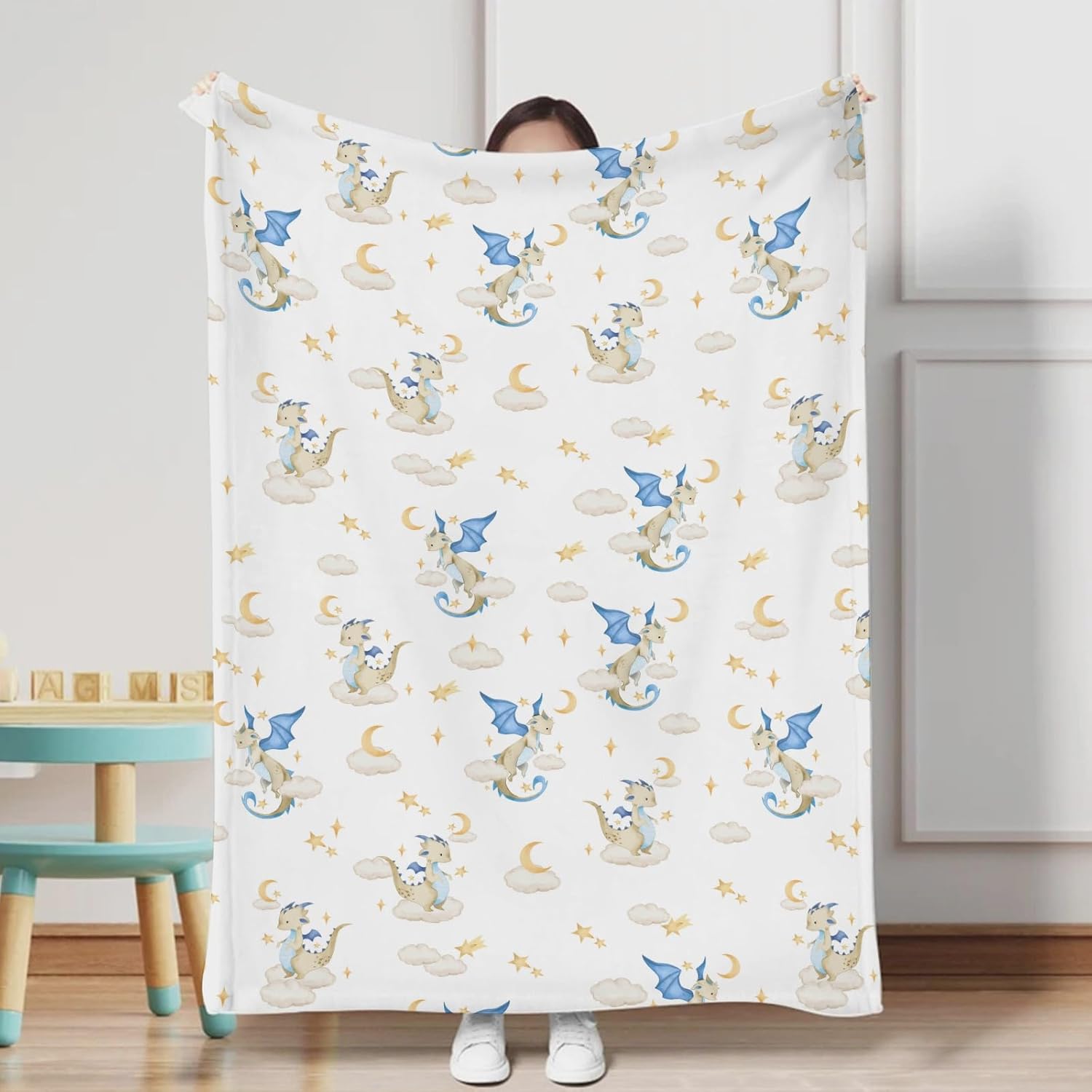 Cartoon Fairy Tale Dragon Moon Stars Clouds Trees Baby Blanket for Boy Girl - Watercolor Dragons Flannel Swaddle - Soft Receiving Blanket for Crib Newborn Nursery Toddler Bed - Golden 60x80