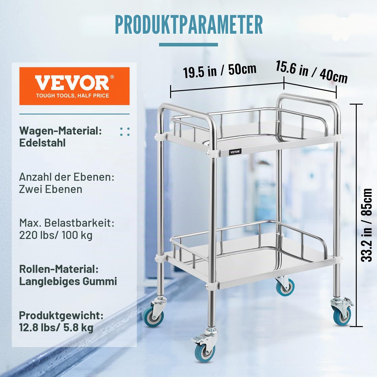 VEVOR Servierwagen Edelstahl Serving Lab Trolley 2 Böden Laborwagen Tragbar Abräumwagen Medical Dental Lab Cart Transportwagen Rollwagen Medizinisch Universalräder Zwei Fußbremsen Breite Anwendung
