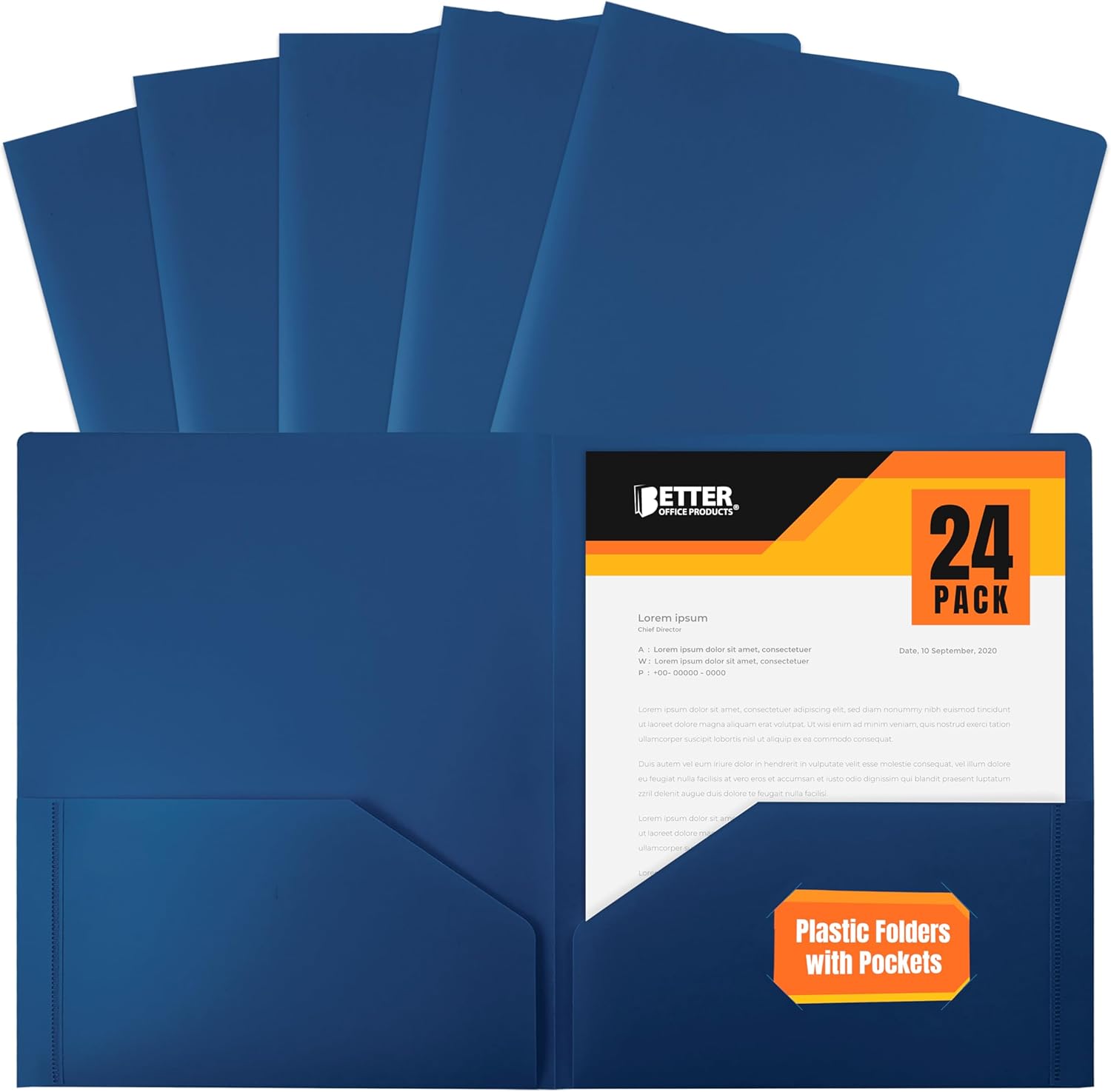 Heavyweight Blue Plastic 2 Pocket Portfolio Folder, Letter Size Poly Folders by Better Office Products, 24 Pack, Royal Blue (with prongs)