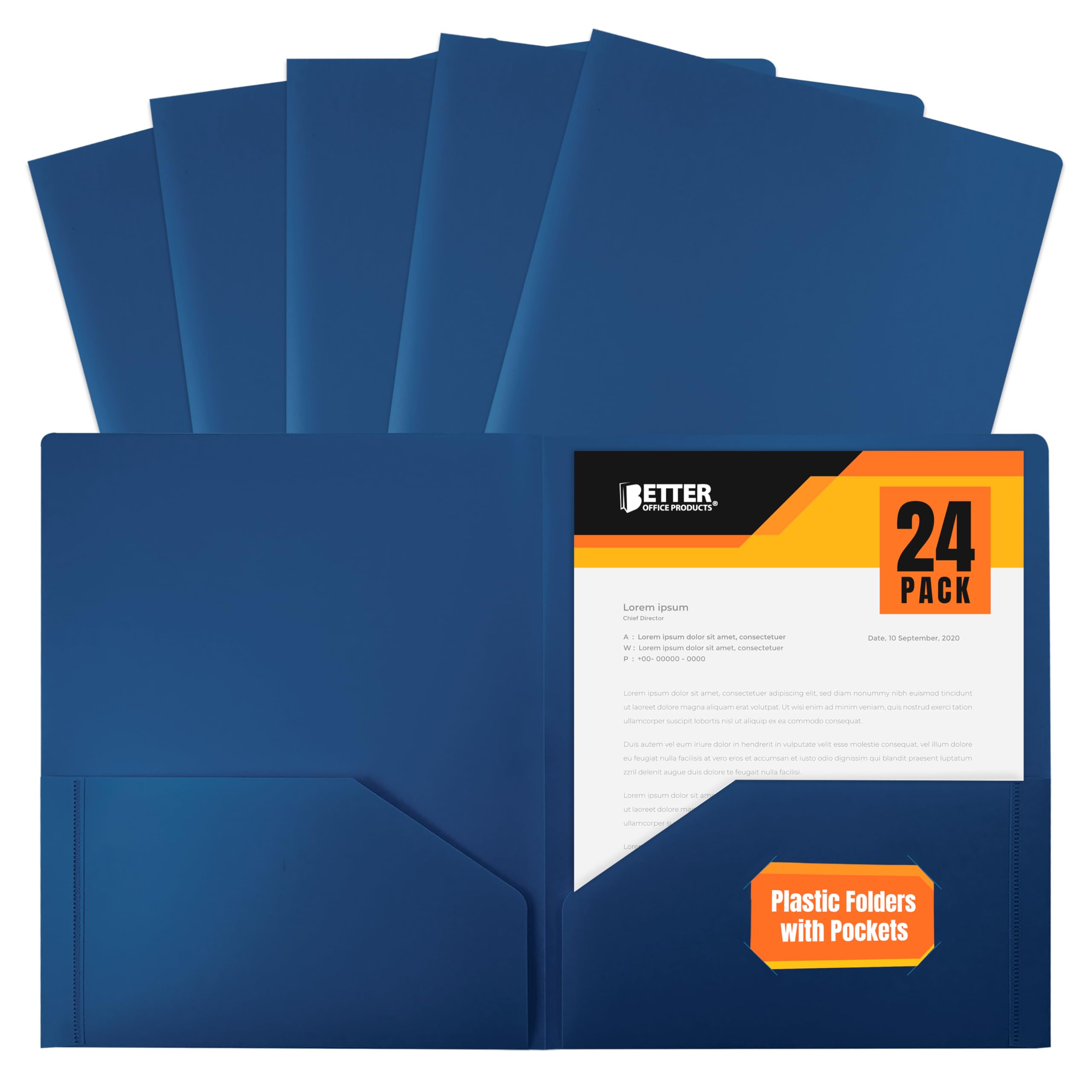 Heavyweight Blue Plastic 2 Pocket Portfolio Folder, Letter Size Poly Folders by Better Office Products, 24 Pack, Royal Blue (no prongs)