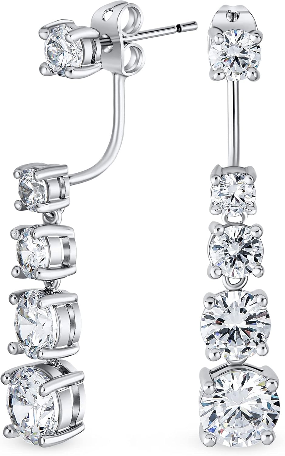 Bridal Prom Round Bubble Bezel Set AAA CZ Cubic Zirconia Linear Drop Love Is A Journey Wedding Pearl Earrings Jacket For Women .925 Sterling Silver