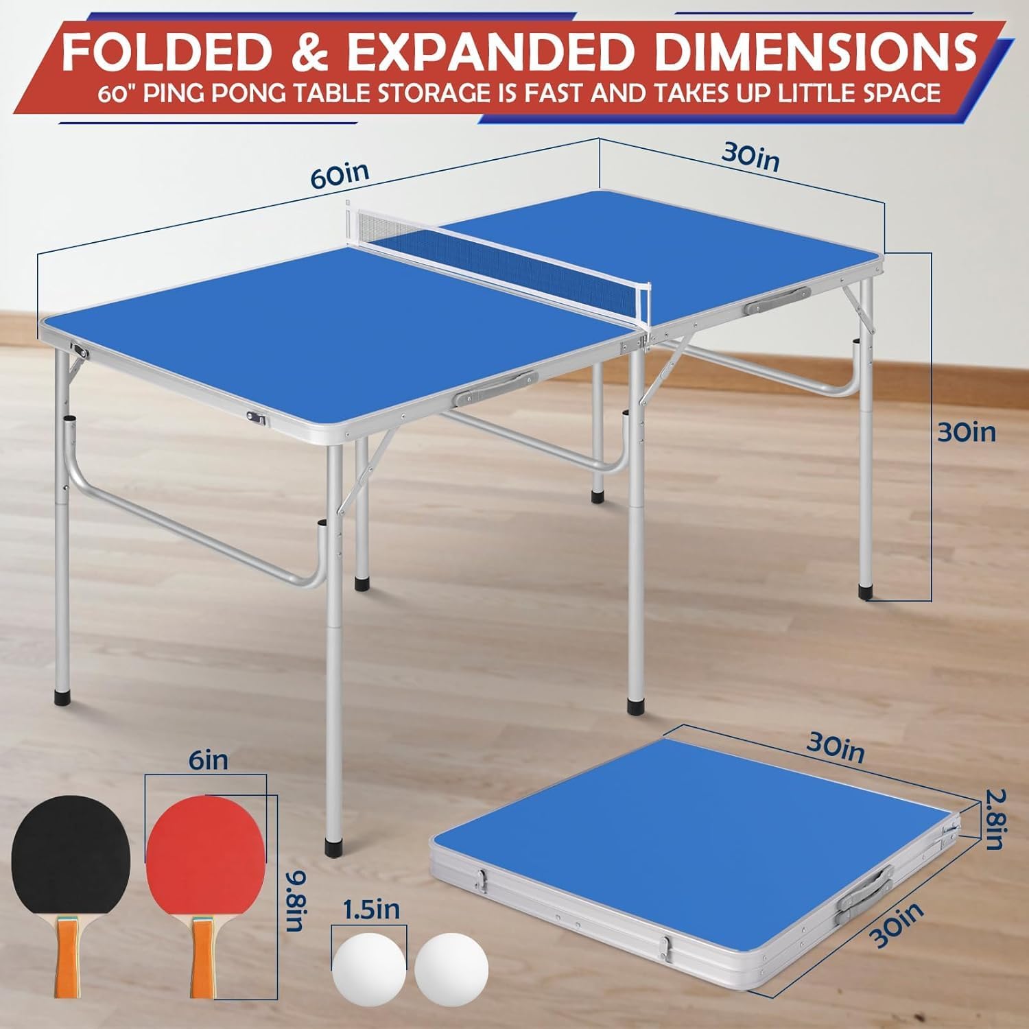 Tavolo Pieghevole, Tavolo Portatile per Il Tempo Libero, Tavolo da Ping Pong con Rete, Tavolo da Ping Pong con 2 Palline E 2 Racchette, per Uso Interno Ed Esterno