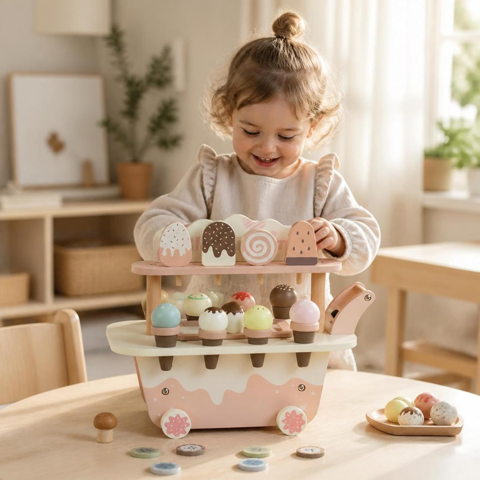 Banco Gelati Finto da Gioco | Colori Tenue Delicati, Carretto dei Dessert con Coni, Gelateria Giocattolo in Legno, per Cameretta, Bambini