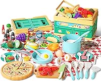 Vista 10 de Juego de cocina de 80 piezas, cocina para niños pequeños con ollas, sartenes, utensilios de cocina, alimentos, manta de picnic, frutas, verduras