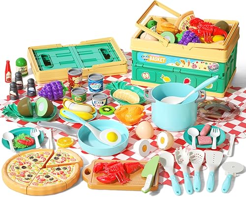 Vista 11 de 80 piezas de juego de cocina, juego de cocina de imitación para niños pequeños con ollas, sartenes, utensilios de cocina, alimentos, manta de Azul