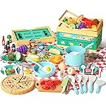 80Pcs Kitchen Playset, Toddler Pretend Cooking with Pots, Pans, Cookware, Food, Picnic Blanket, Fruits, Veges, Shopping Storage Basket, Dessert , Learning Gift for Girls Boys (Turquoise)